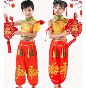 Children girls boys Chinese dragon pattern folk dance costumes good start China new year celebration yangko clothing drummer lion dance folk dance clothes